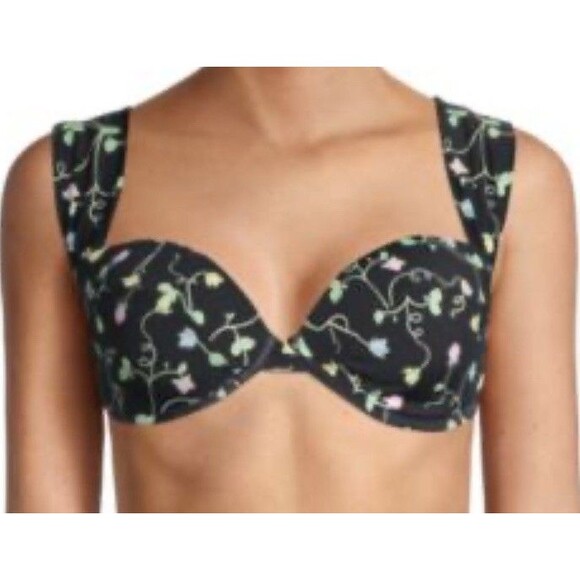 WeWoreWhat Bikini Top XL Underwire Wide Pleat Straps Black Rose Bud NWT Romantic - Picture 4 of 6
